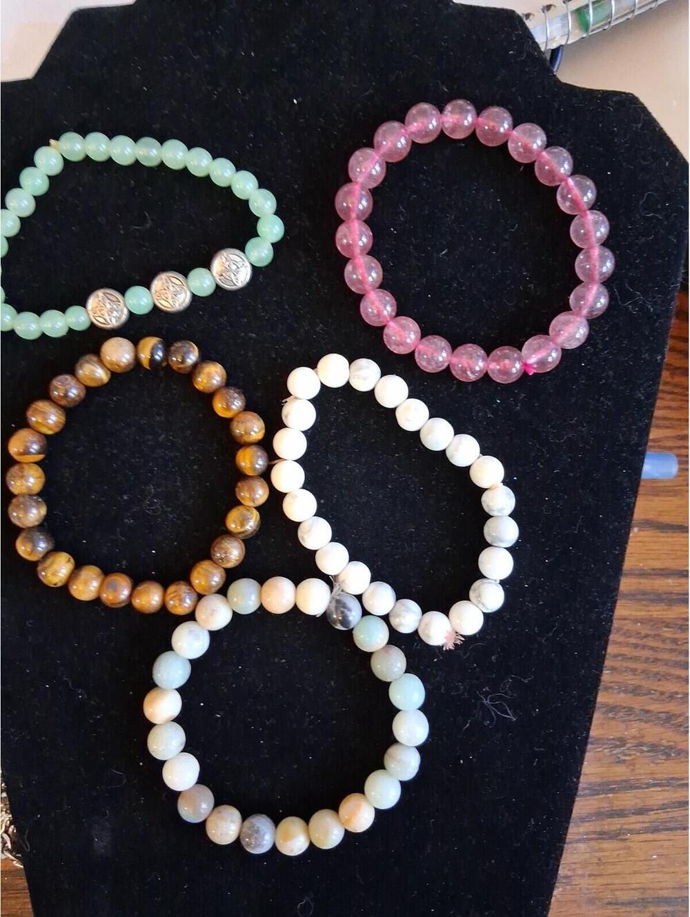Lot of 5 Natural Multicolor Stone Beaded Stackable Bracelets, Round Shape